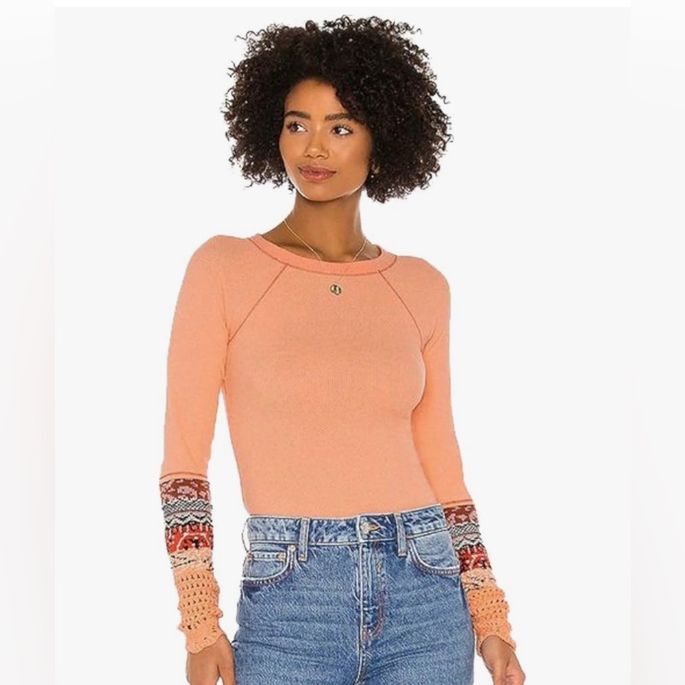 Free People in The Mix Cuff Thermal Top Desert Orange Combo Size XS